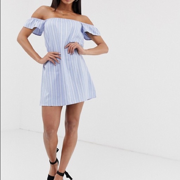 Missguided bardot mini dress in blue stripe - Picture 2 of 5